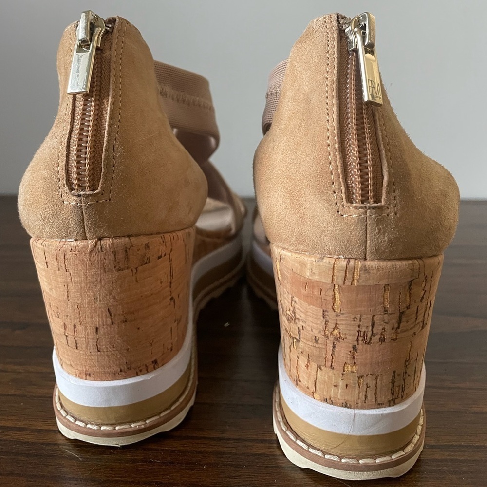 Pelle Moda, women’s 9.5, strappy tan cork and stretchy nylon wedge sandal - Picture 6 of 10